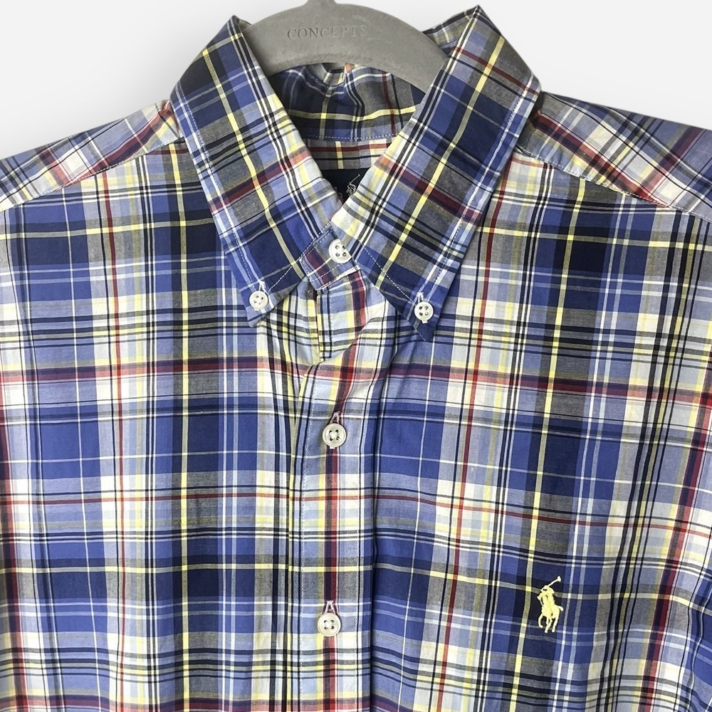 Ralph Lauren Men's Shirt‎ Medium Blue Plaid Button 100% Cotton Custom Fit Yellow